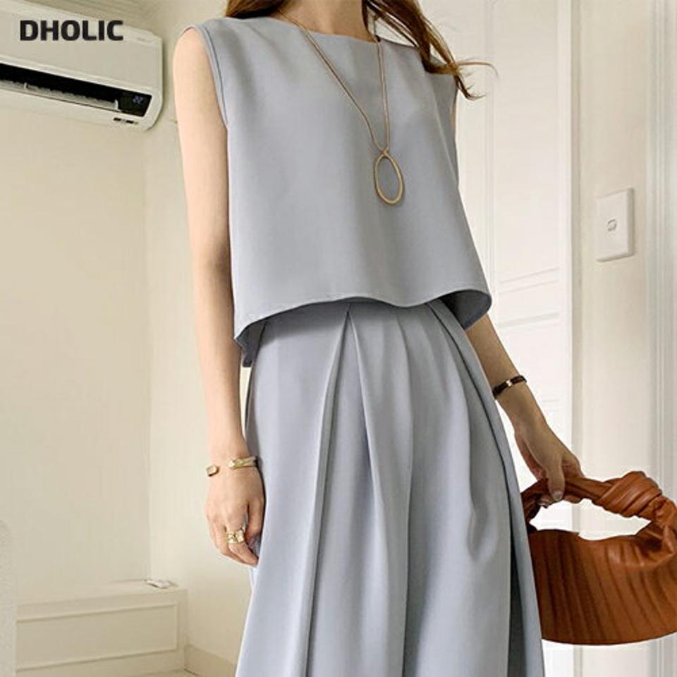 【10%OFF】クロップドブラウス&タックスラックスSET・b72764 レディース 【pt】セットアップ セット setup トップス ノースリーブ ク単色 無地 シンプル ベーシック スラックス パンツ ロング丈 春 夏 パステル 水色 韓国ファッション ハイホリHIHOLLI セール SALE