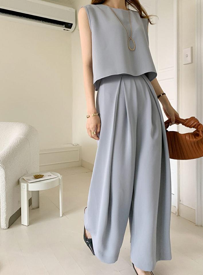 【10%OFF】クロップドブラウス&タックスラックスSET・b72764 レディース 【pt】セットアップ セット setup トップス ノースリーブ ク単色 無地 シンプル ベーシック スラックス パンツ ロング丈 春 夏 パステル 水色 韓国ファッション ハイホリHIHOLLI セール SALE