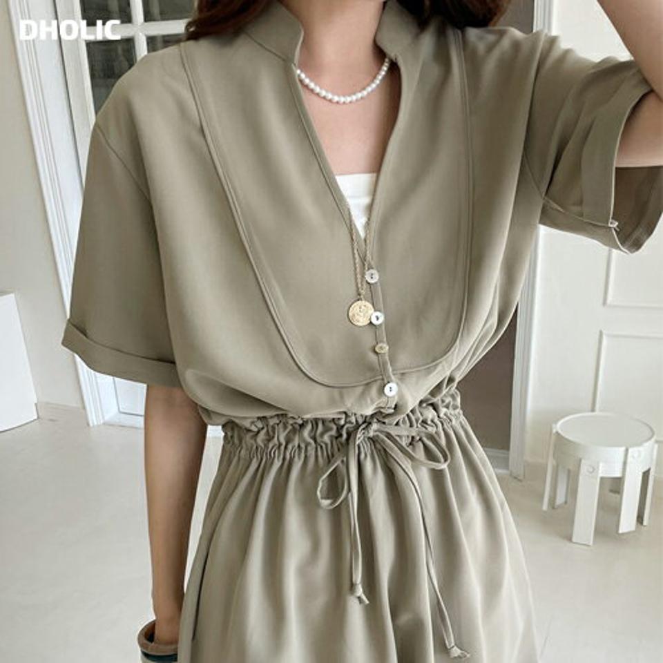 ストリングフレアブラウス・t00341 レディース 【bl】ブラウス トップス 半袖 ロング丈 単色 ユニーク 無地 フレア お腹カバー 体型カバー Vネック 鎖骨 デコルテ フレア ヘム 春 夏 大人 カジュアル 緑 韓国ファッション ハイホリHIHOLLI