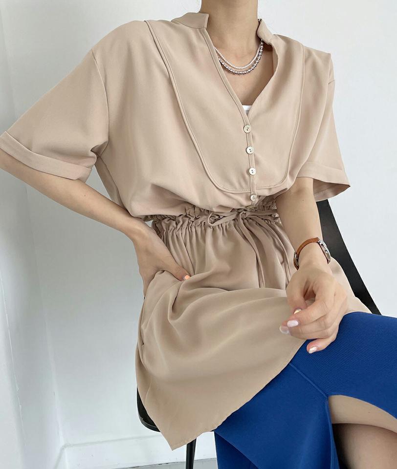 ストリングフレアブラウス・t00341 レディース 【bl】ブラウス トップス 半袖 ロング丈 単色 ユニーク 無地 フレア お腹カバー 体型カバー Vネック 鎖骨 デコルテ フレア ヘム 春 夏 大人 カジュアル 緑 韓国ファッション ハイホリHIHOLLI