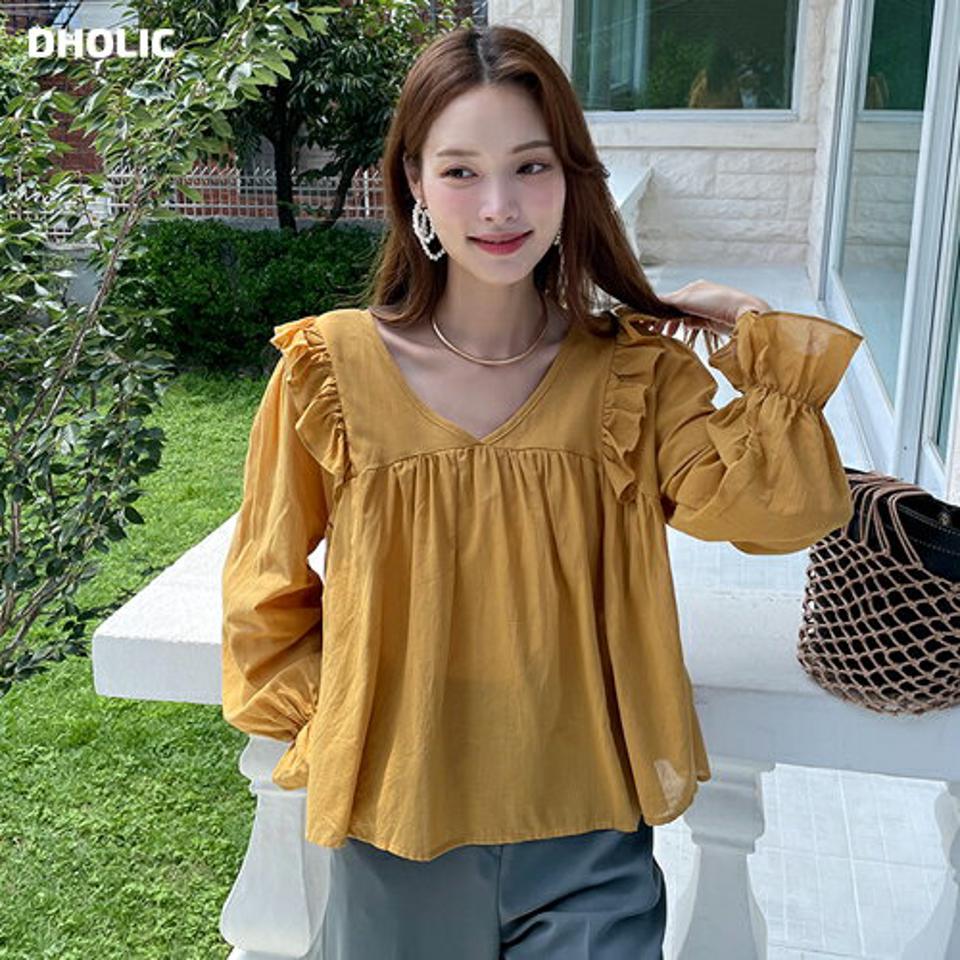 Vネックフリルブラウス・b72756 レディース 【bl】ブラウス トップス 長袖 単色 フリル Vネック 鎖骨 デコルテ パフスリーブ パフ袖 ギャザー フレア お腹カバー 体型カバー 春 夏 秋 フェミニン 黄色 イエロー 韓国ファッション ハイホリHIHOLLI