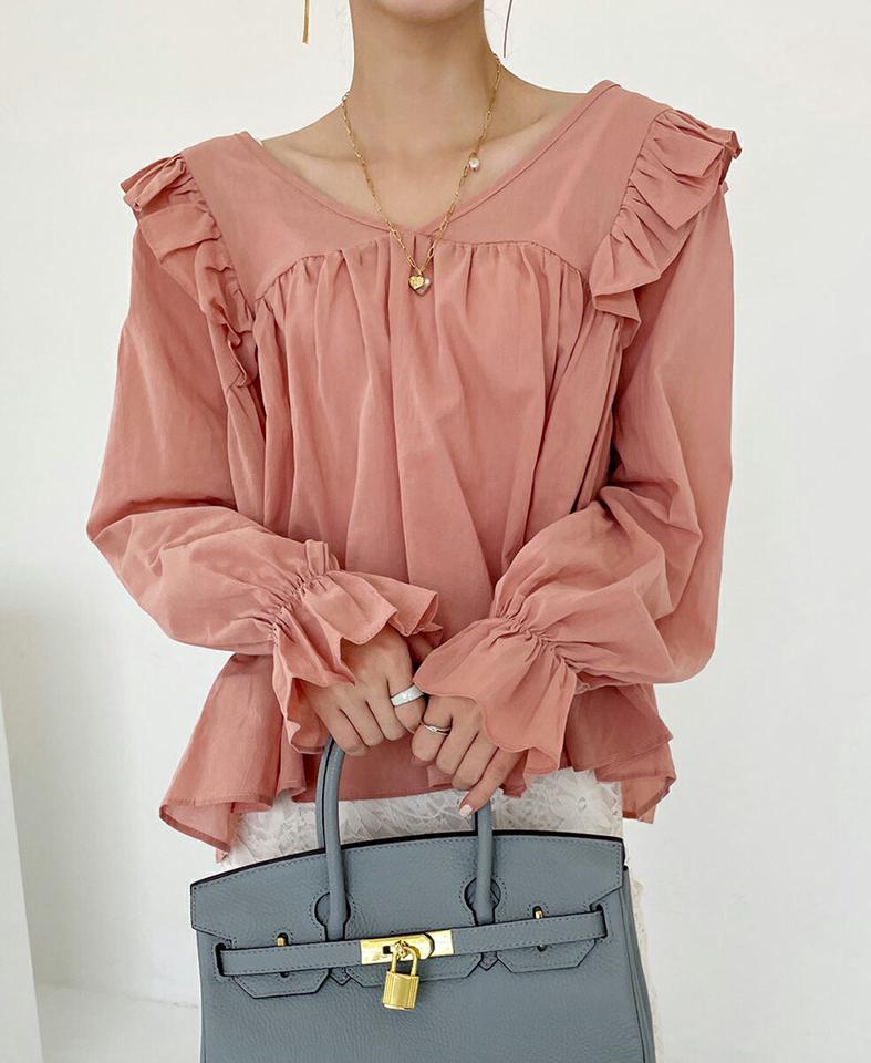 Vネックフリルブラウス・b72756 レディース 【bl】ブラウス トップス 長袖 単色 フリル Vネック 鎖骨 デコルテ パフスリーブ パフ袖 ギャザー フレア お腹カバー 体型カバー 春 夏 秋 フェミニン 黄色 イエロー 韓国ファッション ハイホリHIHOLLI