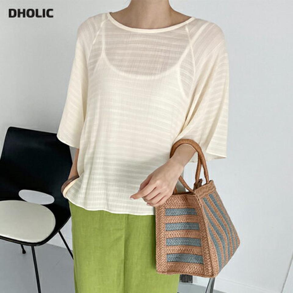 ボーダーフレアブラウス・t72755 レディース 【bl】ブラウス トップス 七分袖 七分袖 柄 模様 ボーダー フレア 二の腕カバー ラグラン ボートネック 透け感 ルーズフィット 春 夏 フェミニン カジュアル 黄色 韓国ファッション ハイホリHIHOLLI