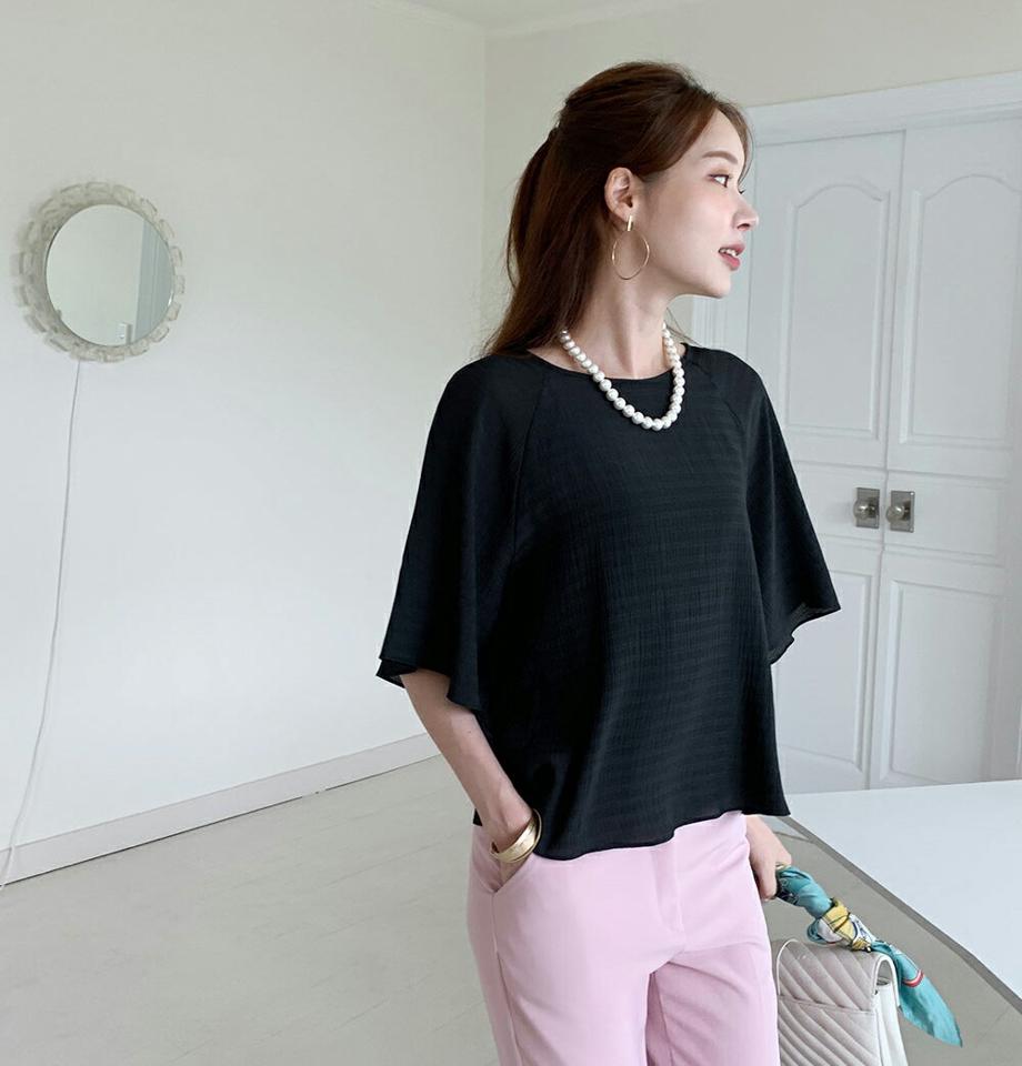 ボーダーフレアブラウス・t72755 レディース 【bl】ブラウス トップス 七分袖 七分袖 柄 模様 ボーダー フレア 二の腕カバー ラグラン ボートネック 透け感 ルーズフィット 春 夏 フェミニン カジュアル 黄色 韓国ファッション ハイホリHIHOLLI