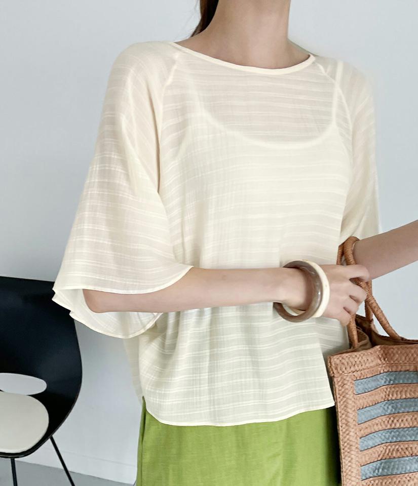 ボーダーフレアブラウス・t72755 レディース 【bl】ブラウス トップス 七分袖 七分袖 柄 模様 ボーダー フレア 二の腕カバー ラグラン ボートネック 透け感 ルーズフィット 春 夏 フェミニン カジュアル 黄色 韓国ファッション ハイホリHIHOLLI