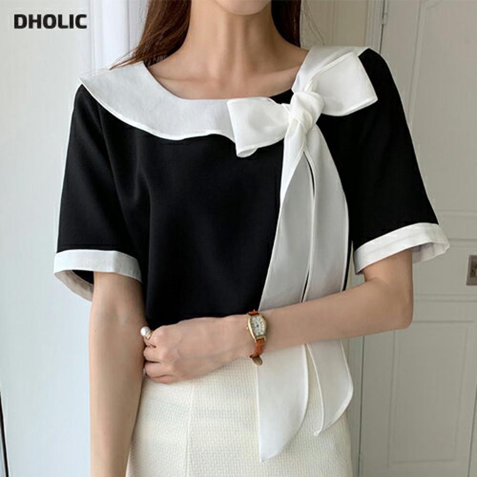 配色リボンブラウス・b72754 レディース 【bl】ブラウス トップス 配色 柄 模様 りぼん リボン モノトーン 半袖 デコルテ バイカラー 春 夏 モノトーン 上品 高級感 学校行事 きれいめ フェミニン 白 黒 ブラック 韓国ファッション ハイホリHIHOLLI