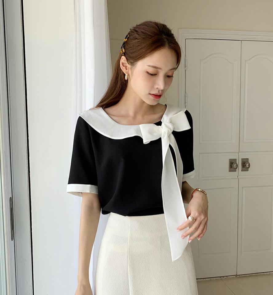 配色リボンブラウス・b72754 レディース 【bl】ブラウス トップス 配色 柄 模様 りぼん リボン モノトーン 半袖 デコルテ バイカラー 春 夏 モノトーン 上品 高級感 学校行事 きれいめ フェミニン 白 黒 ブラック 韓国ファッション ハイホリHIHOLLI