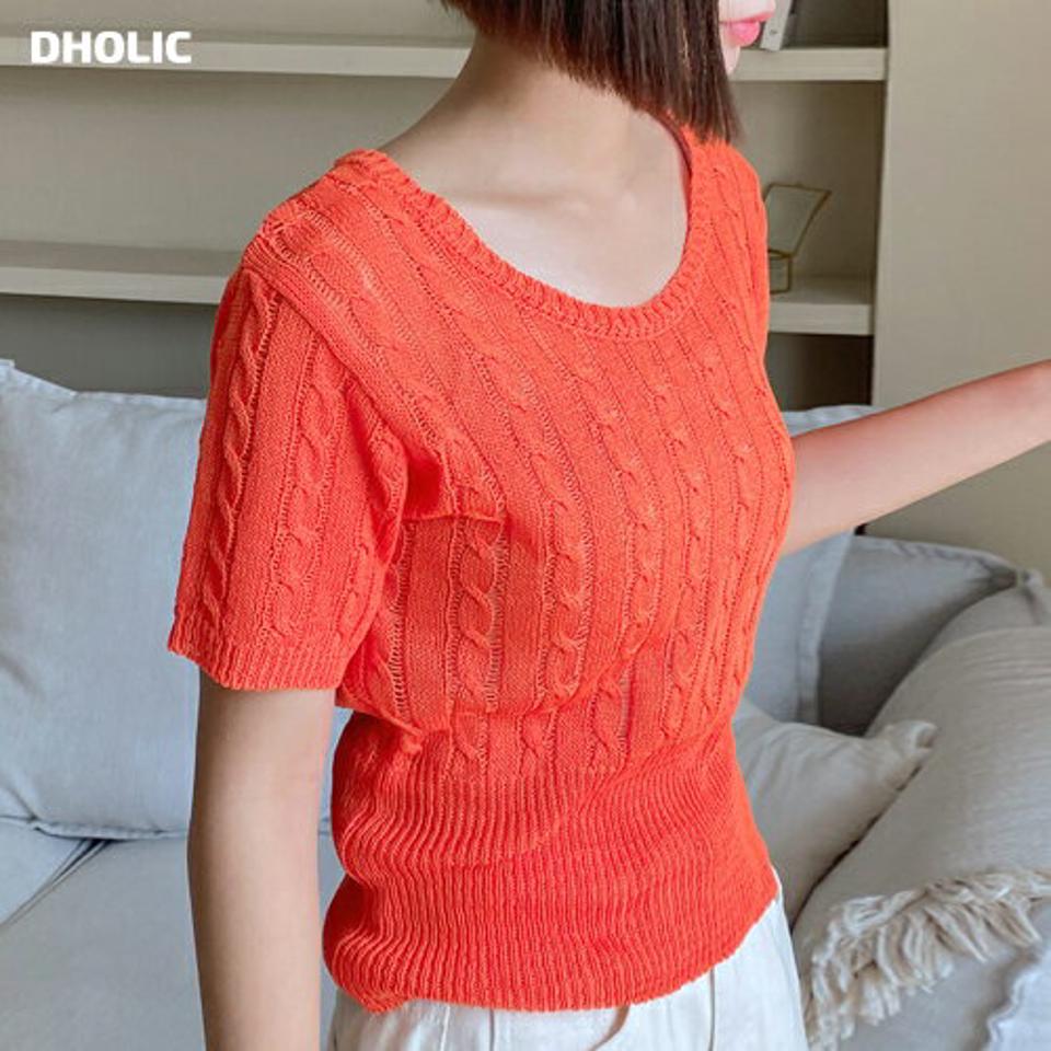 【10%OFF】半袖ケーブルニット・t01040 レディース 【tops】トップス ニット 半袖 Uネック ケーブル編み シンプル 単色 カジュアル クロップド丈 オレンジ カラーニット サマーニット 春 夏 韓国ファッション セール SALE