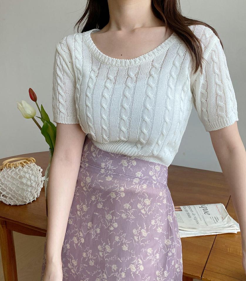 【10%OFF】半袖ケーブルニット・t01040 レディース 【tops】トップス ニット 半袖 Uネック ケーブル編み シンプル 単色 カジュアル クロップド丈 オレンジ カラーニット サマーニット 春 夏 韓国ファッション セール SALE