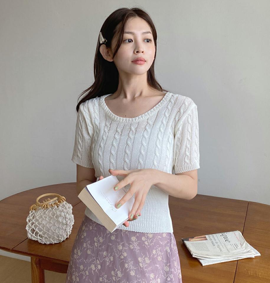 【10%OFF】半袖ケーブルニット・t01040 レディース 【tops】トップス ニット 半袖 Uネック ケーブル編み シンプル 単色 カジュアル クロップド丈 オレンジ カラーニット サマーニット 春 夏 韓国ファッション セール SALE