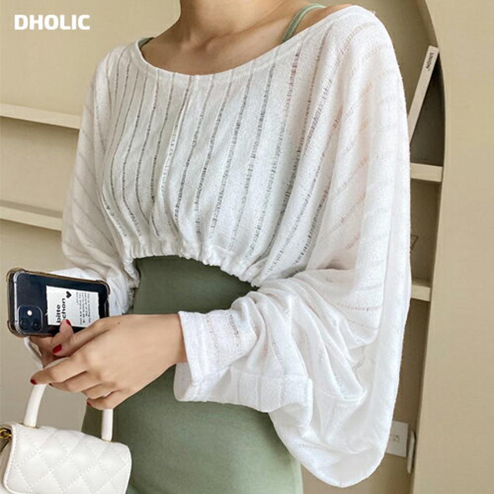 【10%OFF】シアークロップドニット・t01039 レディース 【tops】トップス ニット 長袖 透け感 シアー シースルー クロップド丈 ボリューム袖 袖コン ストライプ柄 ラウンドネック デコルテ カジュアル ドルマンスリーブ リブ 春 夏 韓国ファッション セール SALE