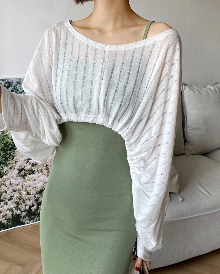 【10%OFF】シアークロップドニット・t01039 レディース 【tops】トップス ニット 長袖 透け感 シアー シースルー クロップド丈 ボリューム袖 袖コン ストライプ柄 ラウンドネック デコルテ カジュアル ドルマンスリーブ リブ 春 夏 韓国ファッション セール SALE