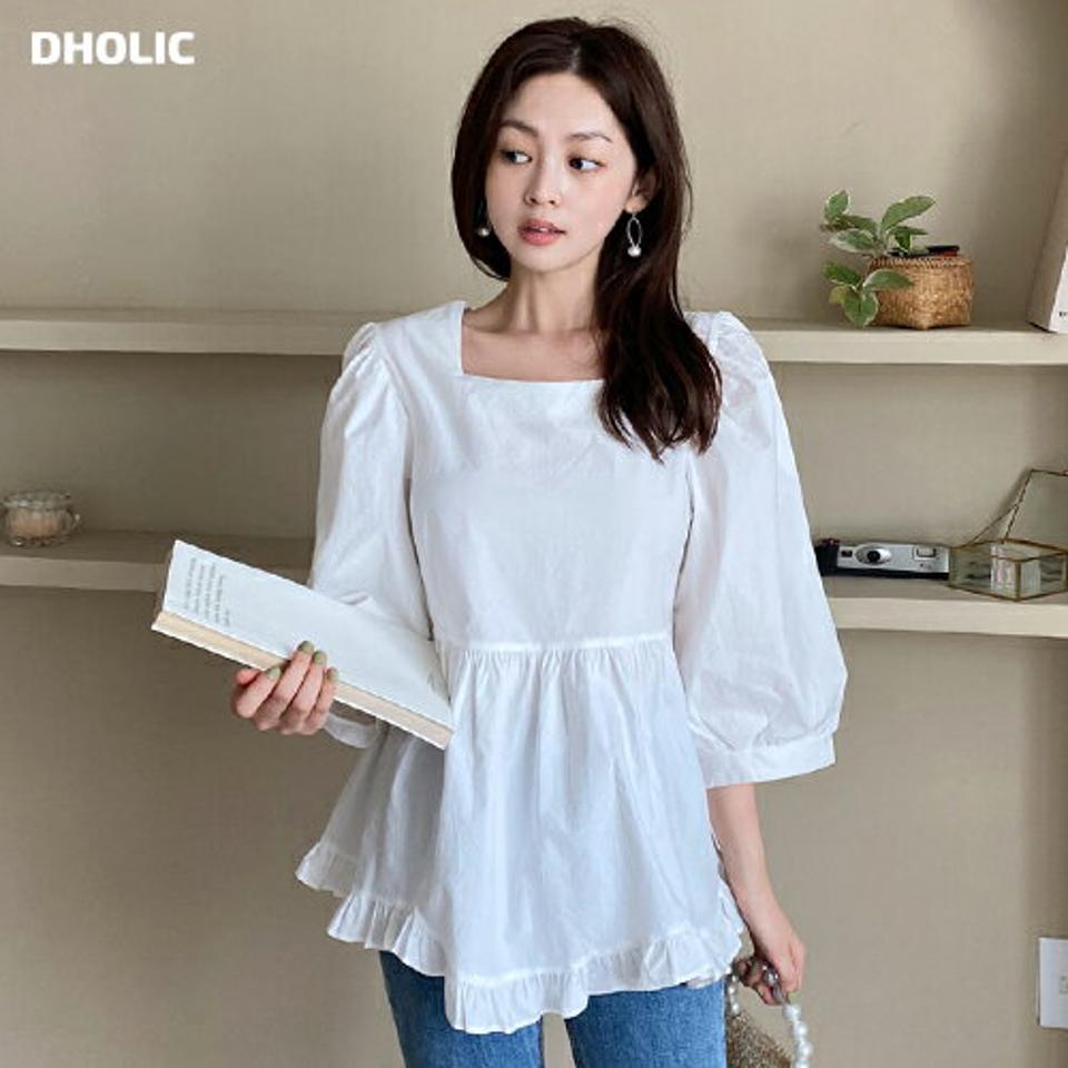 フリルペプラムブラウス・t01035 レディース 【bl】トップス ブラウス 七分袖 七分丈 7分袖 7分丈 ペプラムトップス フリル お腹カバー パフスリーブ ボリューム袖 二の腕カバー スクエアネック デコルテ インしないブラウス ホワイト 白 春 秋 韓国ファッション