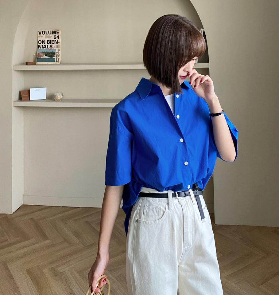 【10%OFF】ルーズラウンドヘムシャツ・t01030 レディース 【bl】トップス シャツ 半袖 ハーフスリーブ ロールアップ 襟 短色 無地 シンプル ベーシック 大人 オフィスカジュアル ドロップショルダー 緑 青 白シャツ ホワイト 夏 韓国ファッション セール SALE