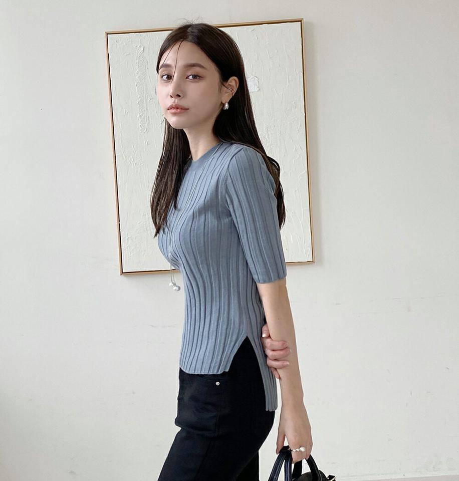 リブアンバランススリムニット・b72453 レディース 【tops】トップス 半袖 ニット リブ スリム 細身 タイト パステル ウール混 リブ オフィスカジュアル 春 夏 フェミニン カジュアル かわいい 可愛い 水色 韓国ファッション ハイホリHIHOLLI