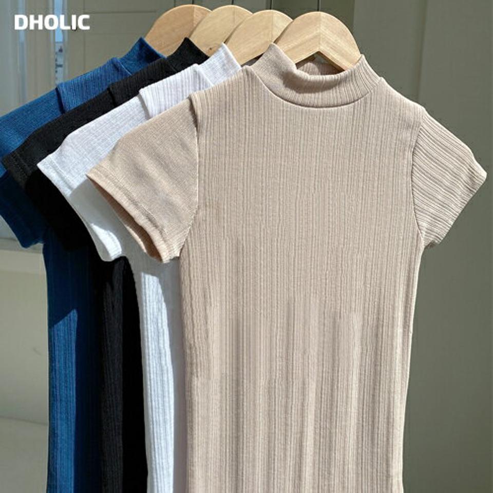 ハーフネックリブTシャツ・t72451 レディース 【tops】トップス Tシャツ ハーフネック 単色 リブ タイト 細身 スリム ショートスリーブ 半袖 春 夏 フェミニン きれいめ 上品 かわいい 可愛い ベージュ 韓国ファッション ハイホリHIHOLLI