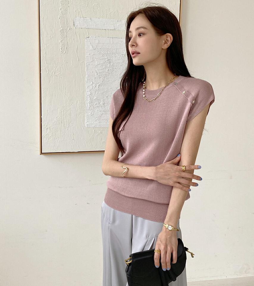 フラップフェイクボタンニット・b72452 レディース 【tops】トップス ニット 半袖 ボタン シンプル ベーシック オフィスカジュアル パステル 春 夏 フェミニン きれいめ 上品 ピンク かわいい 可愛い サマーニット 韓国ファッション ハイホリHIHOLLI