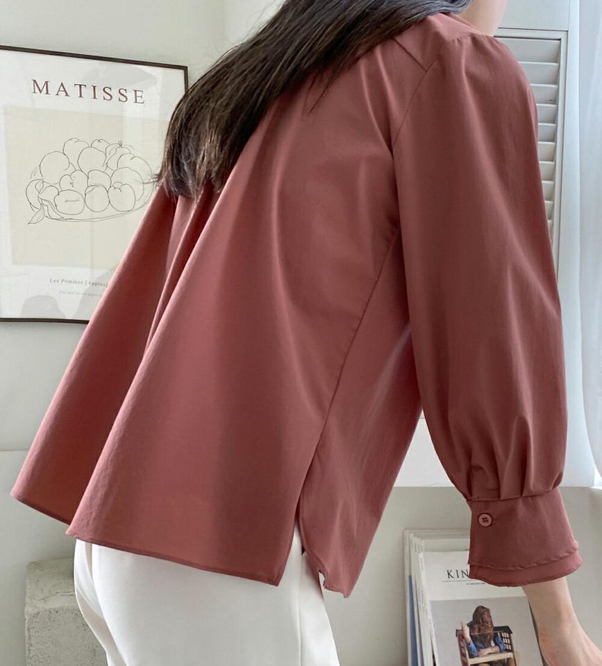 ラッフルカラーブラウス・b72458 レディース 【bl】ブラウス トップス 長袖 単色 無地 ラッフル ゆったり 体型カバー オフィスカジュアル Vネック 鎖骨 デコルテ 春 夏 フェミニン きれいめ 大人 ピンク オレンジ 韓国ファッション ハイホリHIHOLLI