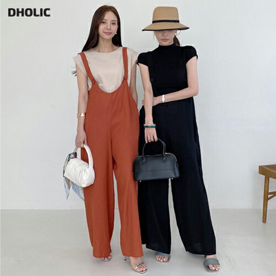 肩ひも付ボタンオールインワン・t72462 レディース 【pt】オールインワン パンツ ロング丈 単色 無地 シンプル 楽ちん 体型カバー ワイド ノースリーブ スリーブレス 春 夏 カジュアル オレンジ 黒 レーヨン混 韓国ファッション ハイホリHIHOLLI