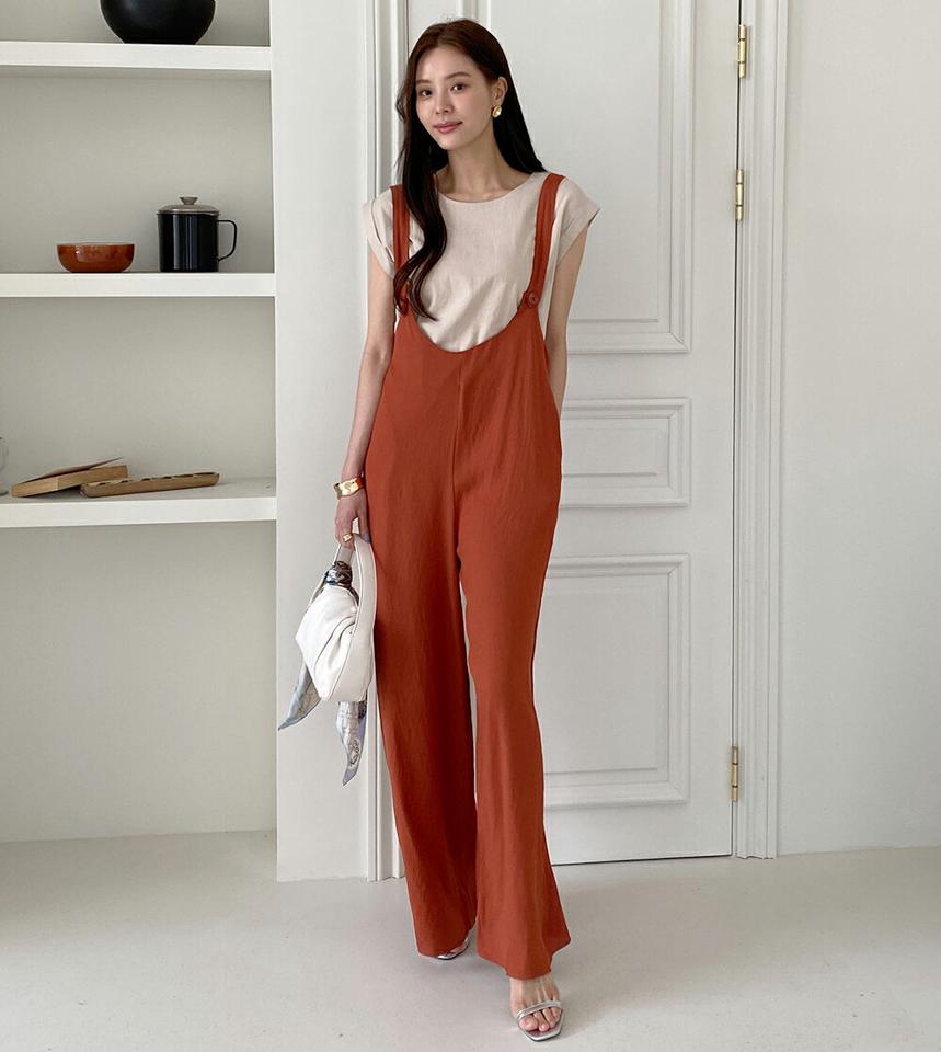 肩ひも付ボタンオールインワン・t72462 レディース 【pt】オールインワン パンツ ロング丈 単色 無地 シンプル 楽ちん 体型カバー ワイド ノースリーブ スリーブレス 春 夏 カジュアル オレンジ 黒 レーヨン混 韓国ファッション ハイホリHIHOLLI