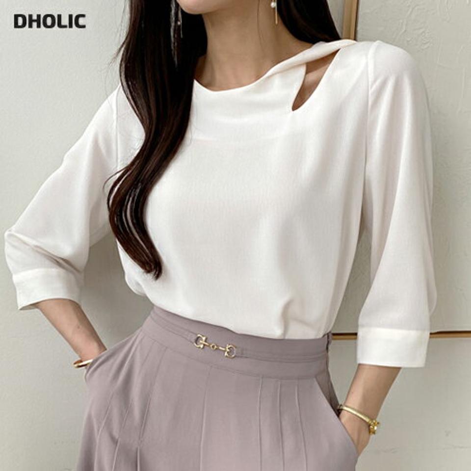 スリットツイストブラウス・t72457 レディース 【bl】ブラウス トップス 単色 無地 ユニーク オフィスカジュアル 7分袖 七分袖 スリット タック 春 夏 きれいめ 上品 大人 白 ホワイト かわいい 可愛い 韓国ファッション ハイホリHIHOLLI