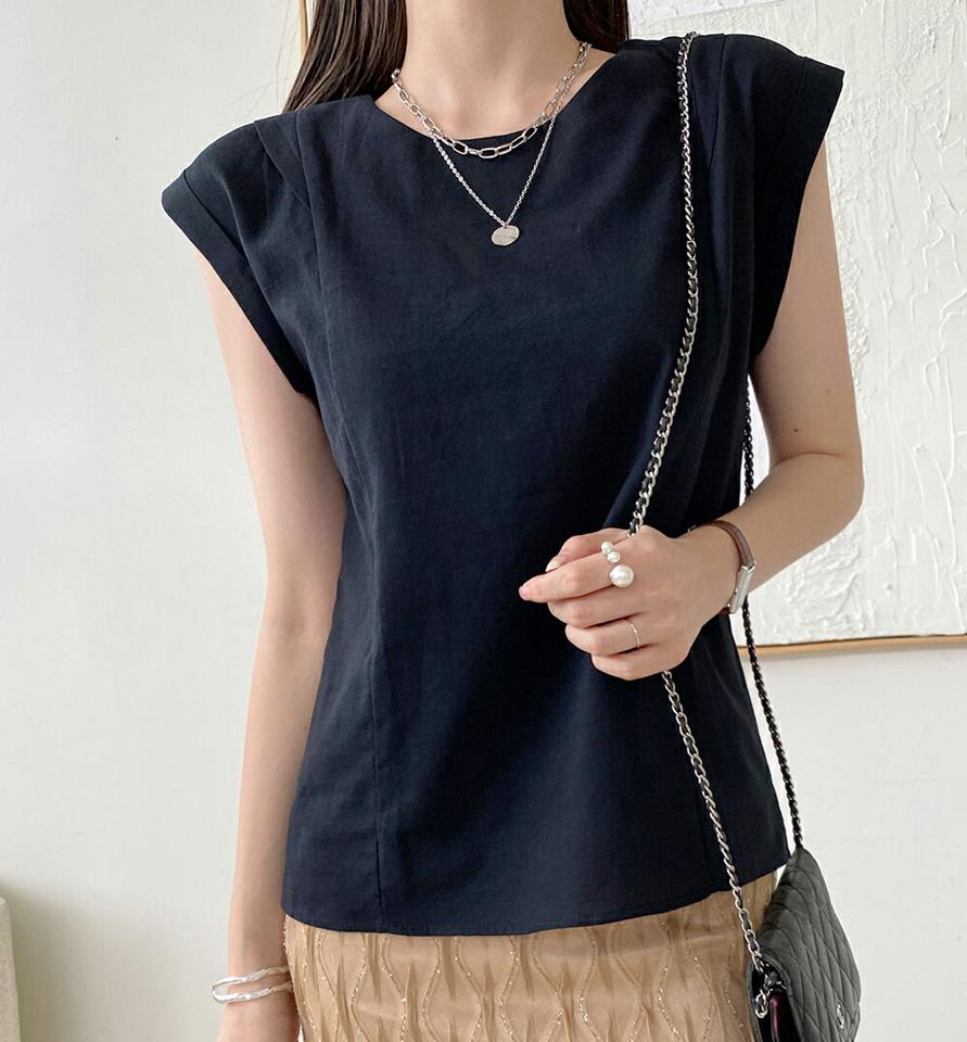 リネン混ロールアップブラウス・b72455 レディース 【bl】ブラウス トップス ノースリーブ スリーブレス 単色 無地 シンプル ベーシック ロールアップ フレンチスリーブ リネン混 春 夏 カジュアル 紺 ネイビー 韓国ファッション ハイホリHIHOLLI