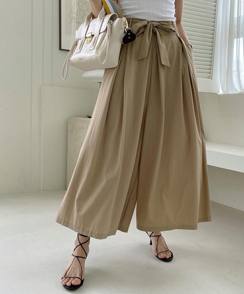 【10%OFF】ストラップ付フレアパンツ・b72475 レディース 【pt】パンツ ロング丈 単色 無地 ワイド フレア ウエストマーク りぼん リボン タック 体型カバー 楽ちん ゆったり 春 夏 カジュアル フェミニン ベージュ 韓国ファッション ハイホリHIHOLLI セール SALE