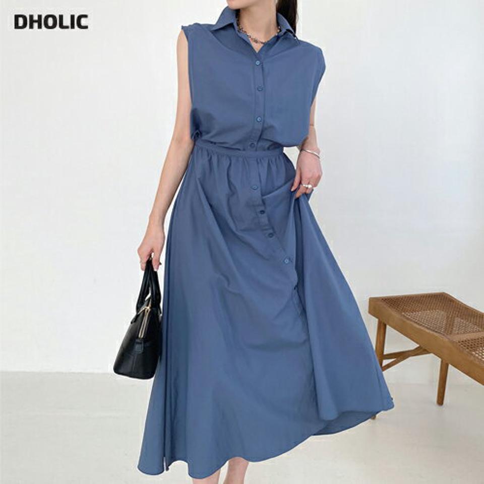 【新作10%OFF】ノースリフレアシャツワンピース・t72467 レディース 【ops】ワンピース ロング丈 ノースリーブ スリーブレス 単色 無地 シンプル ベーシック シャツワンピース シャツワンピ 体型カバー 春 夏 フェミニン 青 韓国ファッション ハイホリHIHOLLI セール
