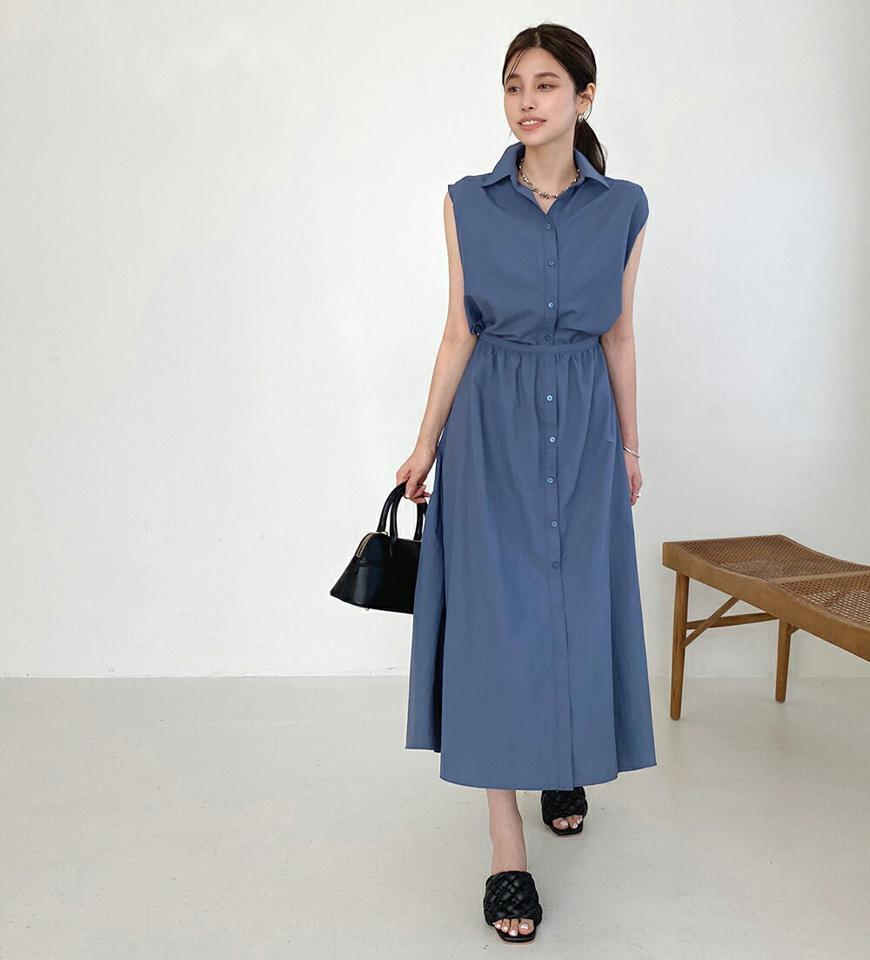 【新作10%OFF】ノースリフレアシャツワンピース・t72467 レディース 【ops】ワンピース ロング丈 ノースリーブ スリーブレス 単色 無地 シンプル ベーシック シャツワンピース シャツワンピ 体型カバー 春 夏 フェミニン 青 韓国ファッション ハイホリHIHOLLI セール