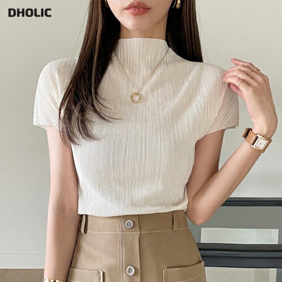 【10%OFF】ハーフネックプリーツブラウス・t00933 レディース 【bl】ブラウス トップス ハーフネック 半袖 プリーツ 柄 模様 単色 オフィスカジュアル クロップド丈 フレンチスリーブ 春 夏 上品 フェミニン 白 ホワイト 韓国ファッション ハイホリHIHOLLI セール SALE