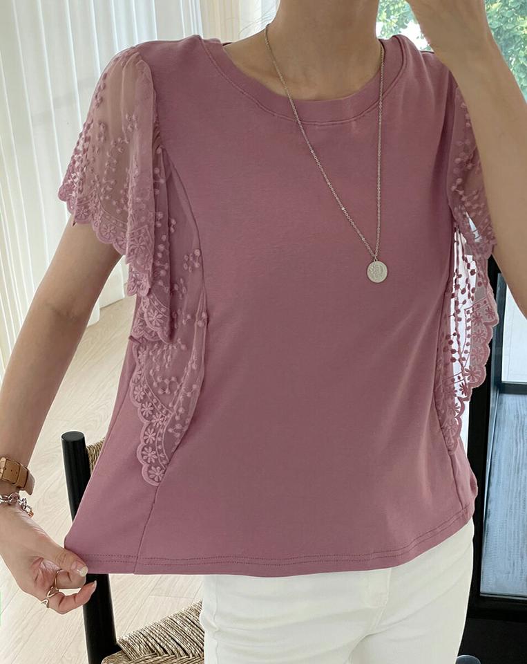 スカラップレースノースリーブ・b00896 レディース 【tops】トップス 異素材 柄 模様 単色 スカラップ 二の腕カバー レース 半袖 春 夏 フェミニン ラブリー キュート かわいい 可愛い 上品 きれいめ 韓国ファッション ハイホリHIHOLLI