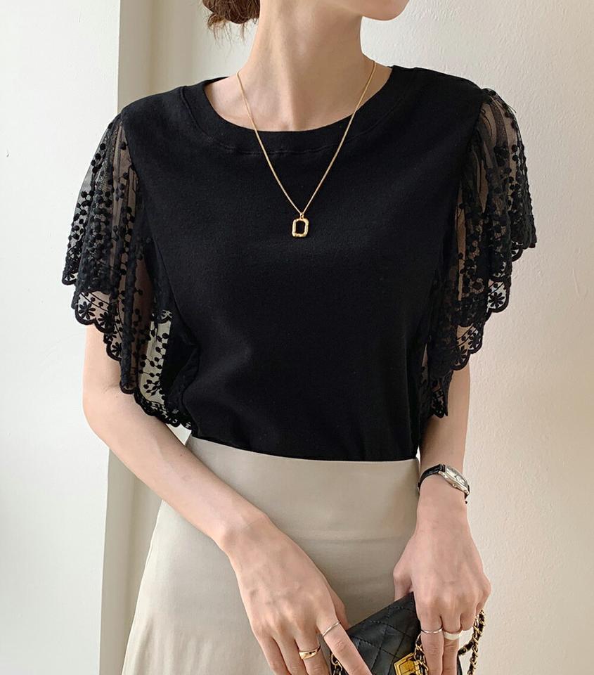 スカラップレースノースリーブ・b00896 レディース 【tops】トップス 異素材 柄 模様 単色 スカラップ 二の腕カバー レース 半袖 春 夏 フェミニン ラブリー キュート かわいい 可愛い 上品 きれいめ 韓国ファッション ハイホリHIHOLLI