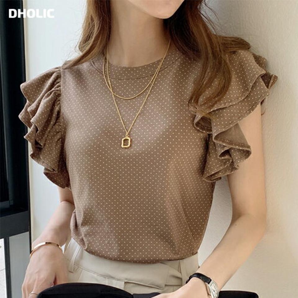 ドットフリルスリーブTシャツ・b00895 レディース 【tops】トップス 半袖 Tシャツ 柄 模様 ドット フリル 二の腕カバー 春 夏 フェミニン かわいい 可愛い ラブリー キュート 茶色 ブラウン きれいめ 韓国ファッション ハイホリHIHOLLI