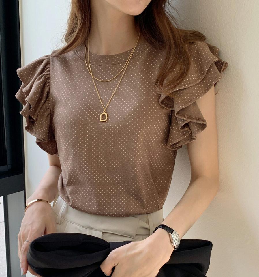 ドットフリルスリーブTシャツ・b00895 レディース 【tops】トップス 半袖 Tシャツ 柄 模様 ドット フリル 二の腕カバー 春 夏 フェミニン かわいい 可愛い ラブリー キュート 茶色 ブラウン きれいめ 韓国ファッション ハイホリHIHOLLI