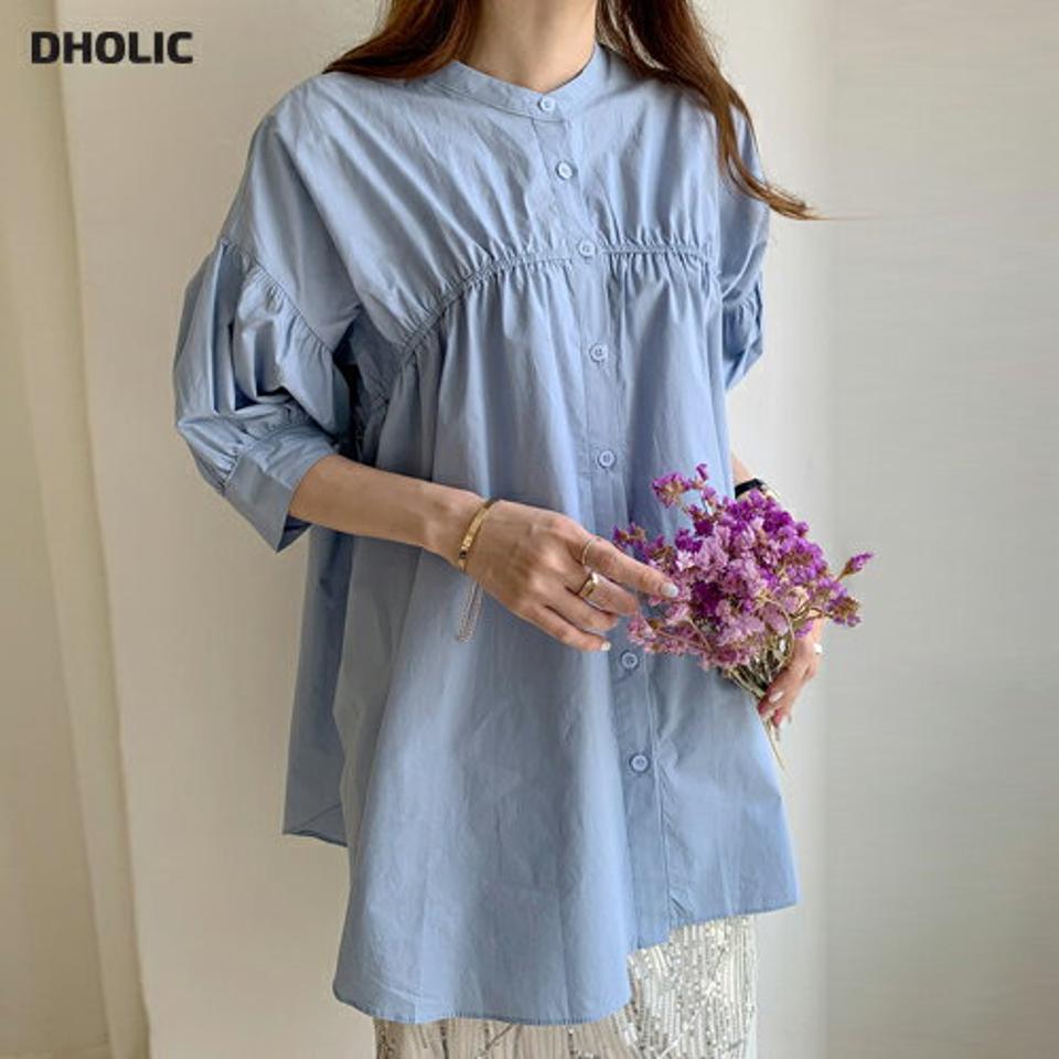 【10%OFF】ギャザーロングブラウス・b00901 レディース 【bl】ブラウス トップス 七分袖 7分袖 単色 無地 シンプル ベーシック ギャザー ロング丈 単色 無地 ベーシック お腹カバー 体型カバー 春 夏 フェミニン 水色 韓国ファッション ハイホリHIHOLLI セール SALE