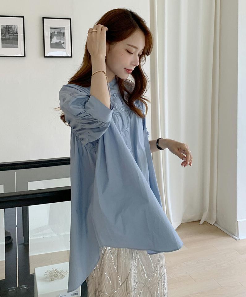 【10%OFF】ギャザーロングブラウス・b00901 レディース 【bl】ブラウス トップス 七分袖 7分袖 単色 無地 シンプル ベーシック ギャザー ロング丈 単色 無地 ベーシック お腹カバー 体型カバー 春 夏 フェミニン 水色 韓国ファッション ハイホリHIHOLLI セール SALE