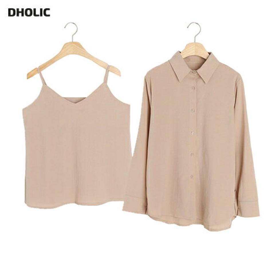 【10%OFF】リンクルキャミ&シャツSET・t00907 レディース 【bl】セット アンサンブル トップス シャツ 長袖 襟 ぼたん ボタン キャミソール 単色 無地 シンプル ベーシック パステル 春 夏 オフィスカジュアル ベージュ 韓国ファッション ハイホリHIHOLLI セール SALE