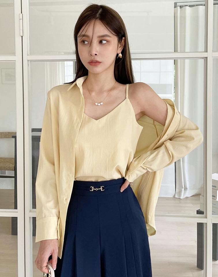 【10%OFF】リンクルキャミ&シャツSET・t00907 レディース 【bl】セット アンサンブル トップス シャツ 長袖 襟 ぼたん ボタン キャミソール 単色 無地 シンプル ベーシック パステル 春 夏 オフィスカジュアル ベージュ 韓国ファッション ハイホリHIHOLLI セール SALE