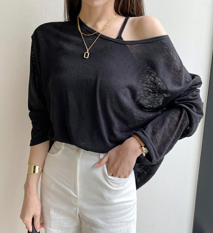 メランジキャミ&TシャツSET・t00898 レディース 【tops】トップス 長袖 Tシャツ セット アンサンブル キャミソール キャミ 単色 無地 シンプル ベーシック メランジ クロップド丈 春 夏 カジュアル 黒 ブラック 韓国ファッション ハイホリHIHOLLI