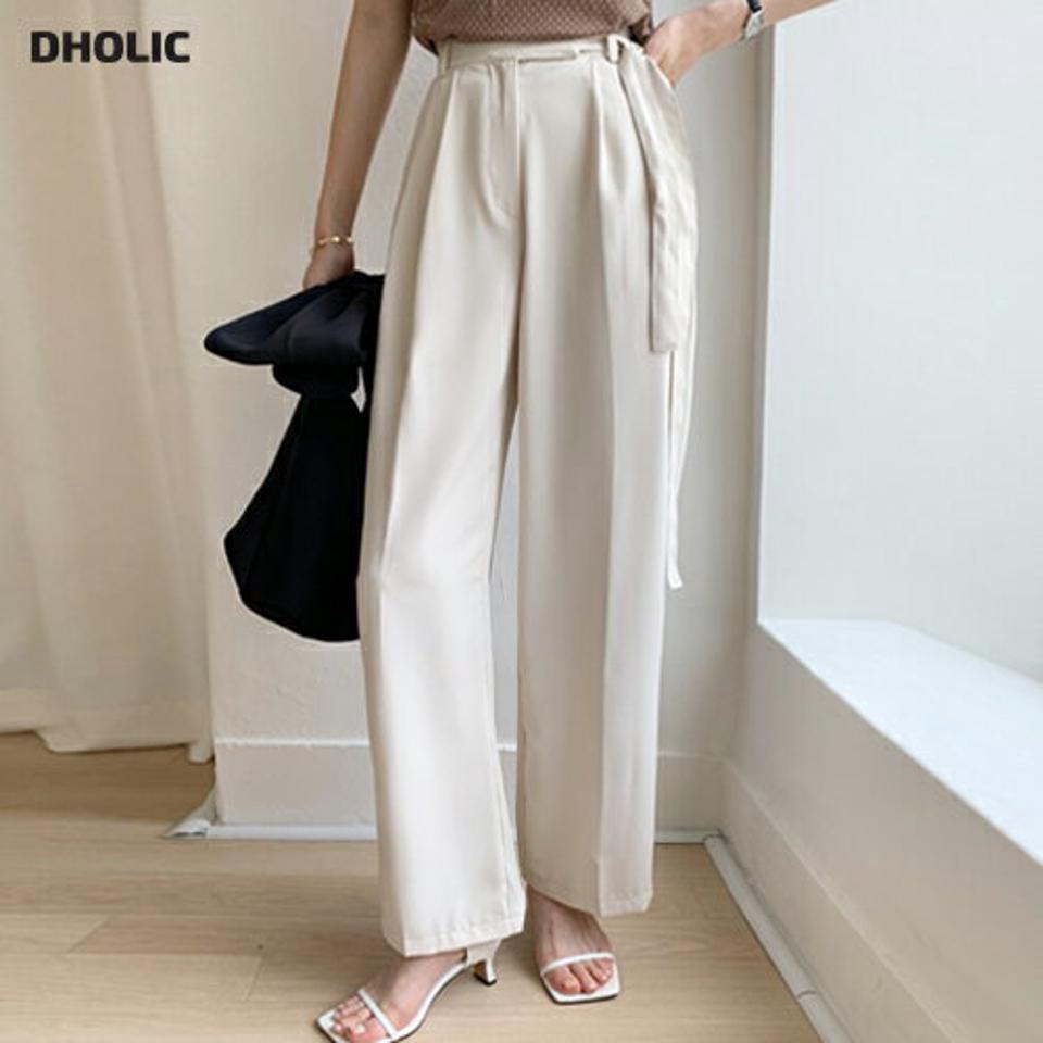 サイドリボンスラックス・t00918 レディース 【pt】スラックス パンツ ロング丈 単色 無地 シンプル ベーシック ユニーク りぼん リボン ハイウエスト ワイド ストレート オフィスカジュアル 春 夏 フェミニン 白 韓国ファッション ハイホリHIHOLLI