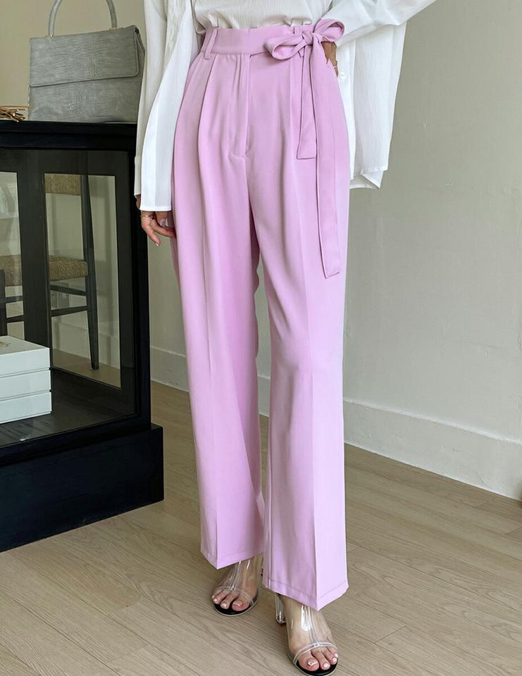 サイドリボンスラックス・t00918 レディース 【pt】スラックス パンツ ロング丈 単色 無地 シンプル ベーシック ユニーク りぼん リボン ハイウエスト ワイド ストレート オフィスカジュアル 春 夏 フェミニン 白 韓国ファッション ハイホリHIHOLLI