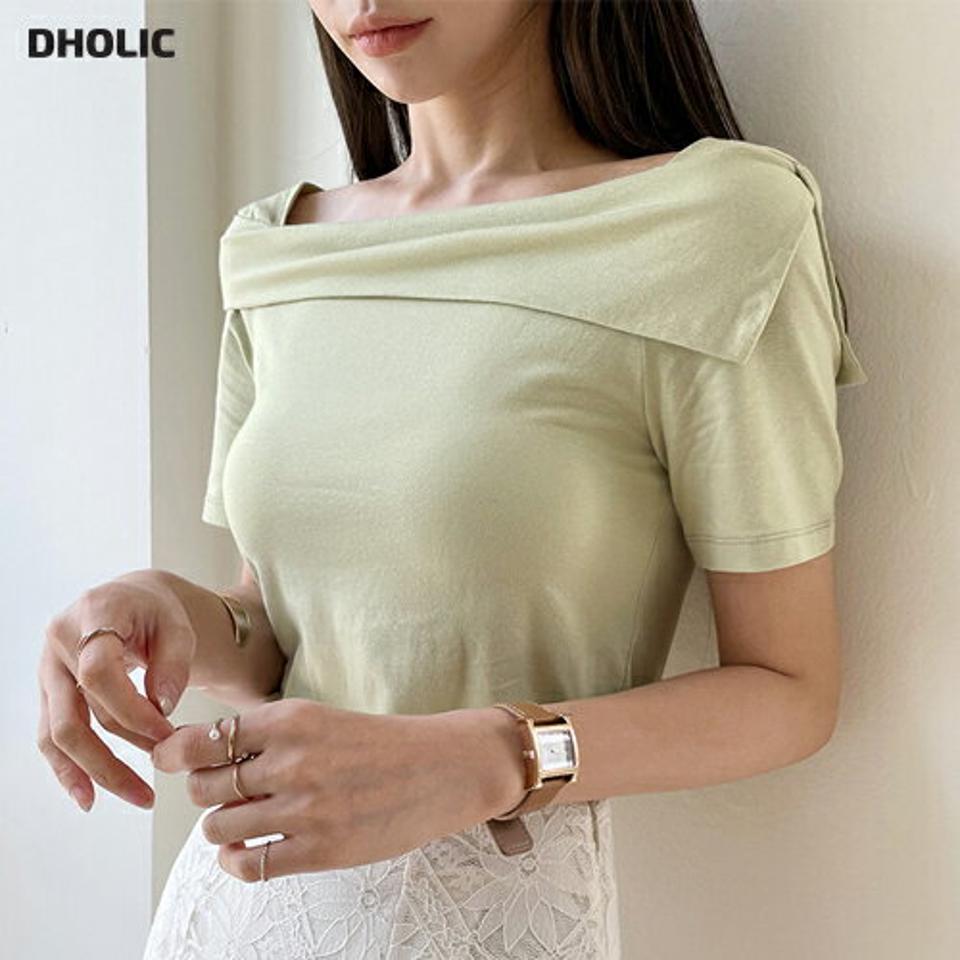 アシメボートネックTシャツ・b00894 レディース 【tops】トップス Tシャツ 半袖 単色 無地 シンプル ユニーク パステル アシメ ボートネック 鎖骨 デコルテ モダール混紡 春 夏 クロップド丈 黄緑 ミント 韓国ファッション ハイホリHIHOLLI