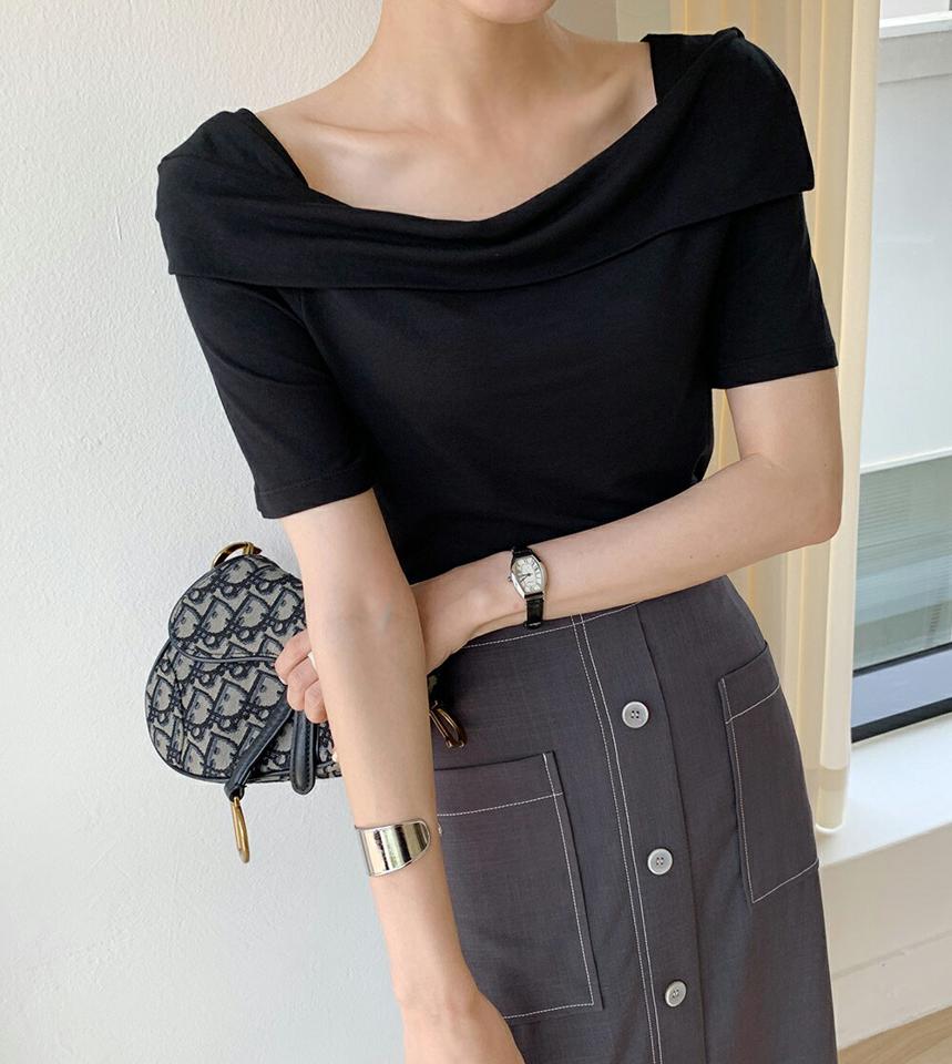 アシメボートネックTシャツ・b00894 レディース 【tops】トップス Tシャツ 半袖 単色 無地 シンプル ユニーク パステル アシメ ボートネック 鎖骨 デコルテ モダール混紡 春 夏 クロップド丈 黄緑 ミント 韓国ファッション ハイホリHIHOLLI