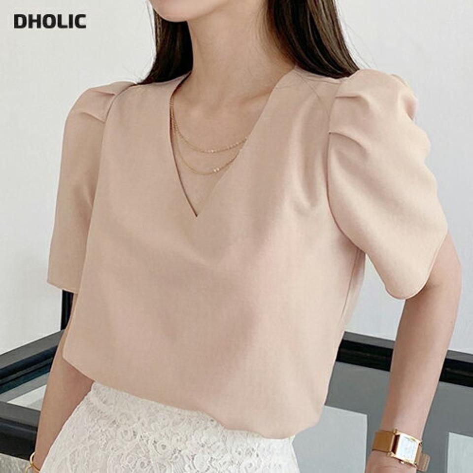ネックレス付パフブラウス・t00899 レディース 【bl】ブラウス トップス ネックレス付 半袖 単色 無地 シンプル オフィスカジュアル 上品 高級感 パステル パフスリーブ パフ袖 Vネック 春 夏 フェミニン ピンク 韓国ファッション ハイホリHIHOLLI