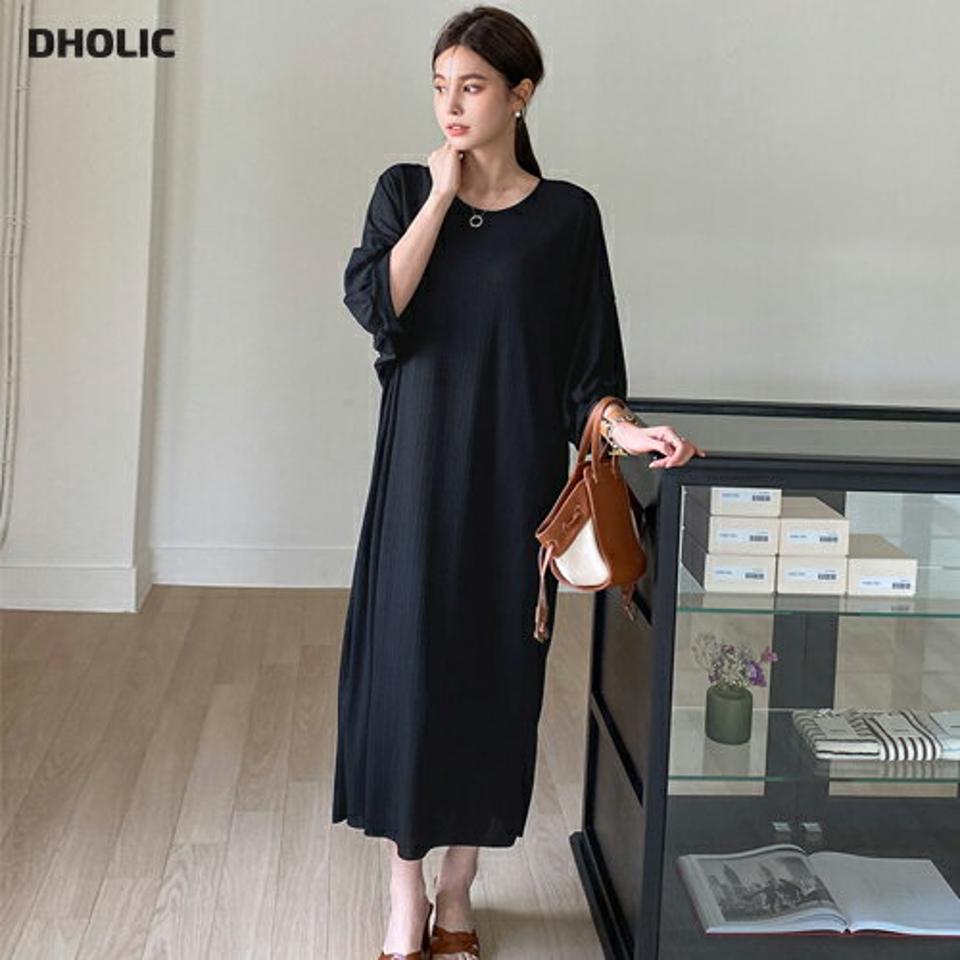 【10%OFF】リブパフスリーブワンピース・t00910 レディース 【ops】ワンピース ロング丈 七分袖 7分袖 体型カバー ゆったり 楽ちん 単色 無地 シンプル ベーシック パフ袖 パフスリーブ フレア 春 夏 フェミニン 大人 韓国ファッション ハイホリHIHOLLI セール SALE