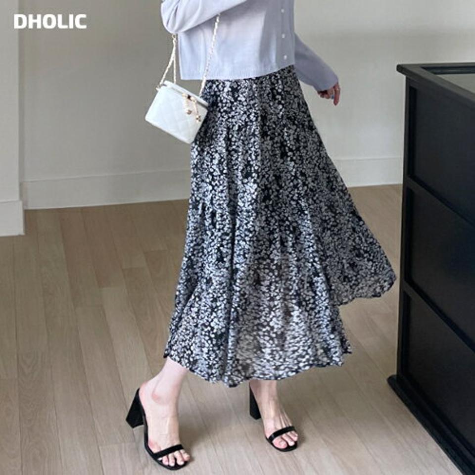 小花柄ティアードスカート・b00917 レディース 【sk】スカート ロング丈 柄 模様 花柄 総柄 小花柄 ティアード フレア ウエストゴム 楽ちん ゆったり 体型カバー 春 夏 フェミニン 大人 モノトーン 黒 ブラック 韓国ファッション ハイホリHIHOLLI
