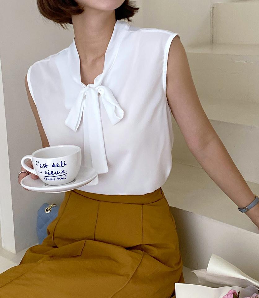 【10%OFF】ネックリボンノースリーブ・t68350 レディース 【bl】トップス ブラウス スリーブレス ノースリーブ ボウタイ りぼん フェミニン 大人 きれいめ 単色 無地 上品 シンプル 学校行事 オフィスカジュアル 通勤 レディ 夏 韓国ファッション セール SALE