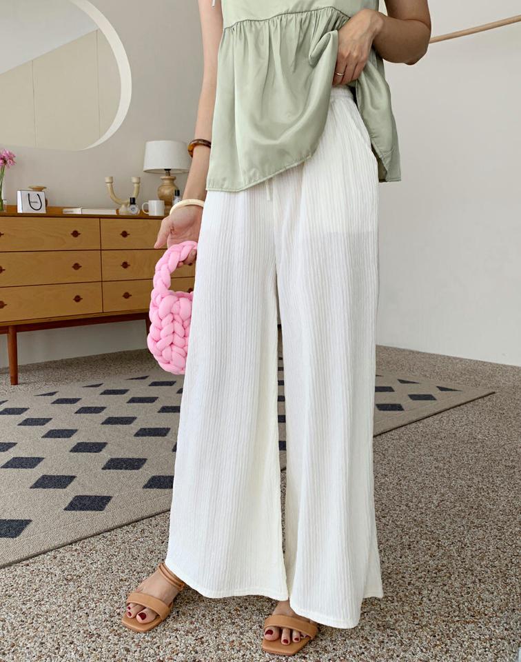 【10%OFF】ストリング付プリーツワイドパンツ・t68291 レディース 【pt】パンツ ズボン プリーツ ロングパンツ ウエストゴム 楽ちん ラフ 単色 無地 シンプル ナチュラル 揺れ感 ワイドパンツ ハイウエスト シャーリング ピンク 黄緑 春 夏 韓国ファッション セール SALE