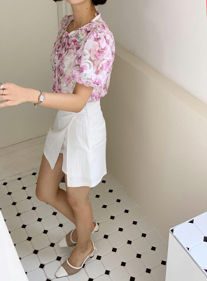 【10%OFF】花柄テクスチャーパフブラウス・t68270 レディース 【bl】トップス ブラウス 半袖 パフスリーブ 花柄 袖コン ボリューム袖 二の腕カバー フェミニン 大人 ラウンドネック かわいい 透け感 シアー シースルー ゴールド 紫 ピンク 夏 韓国ファッション セール SALE