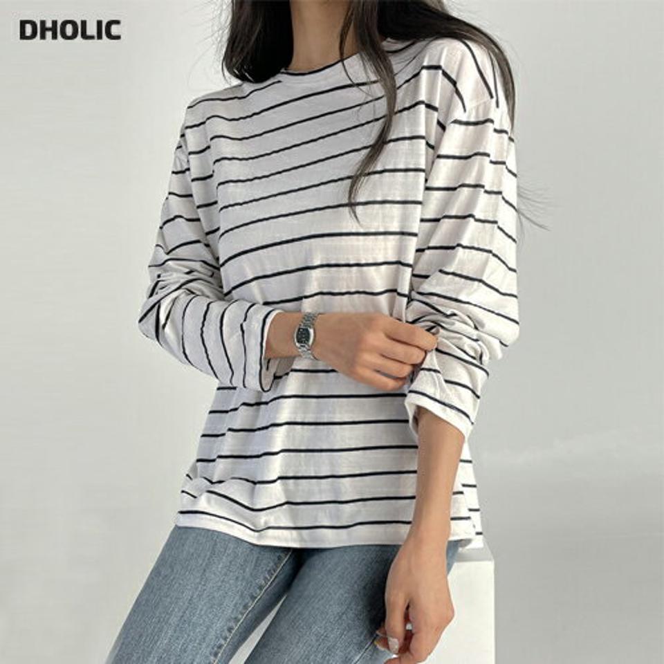 ボーダールーズTシャツ・t03052 レディース 【tops】トップス Tシャツ 長袖 ボーダー柄 ロンT シンプル カジュアル ラウンドネック ラフ 大人 ゆったり ルーズ ドロップショルダー フレンチ 春 夏 秋 韓国ファッション